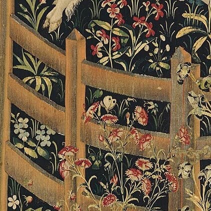 detail view of butterfly on a flower in the unicorn tapestry