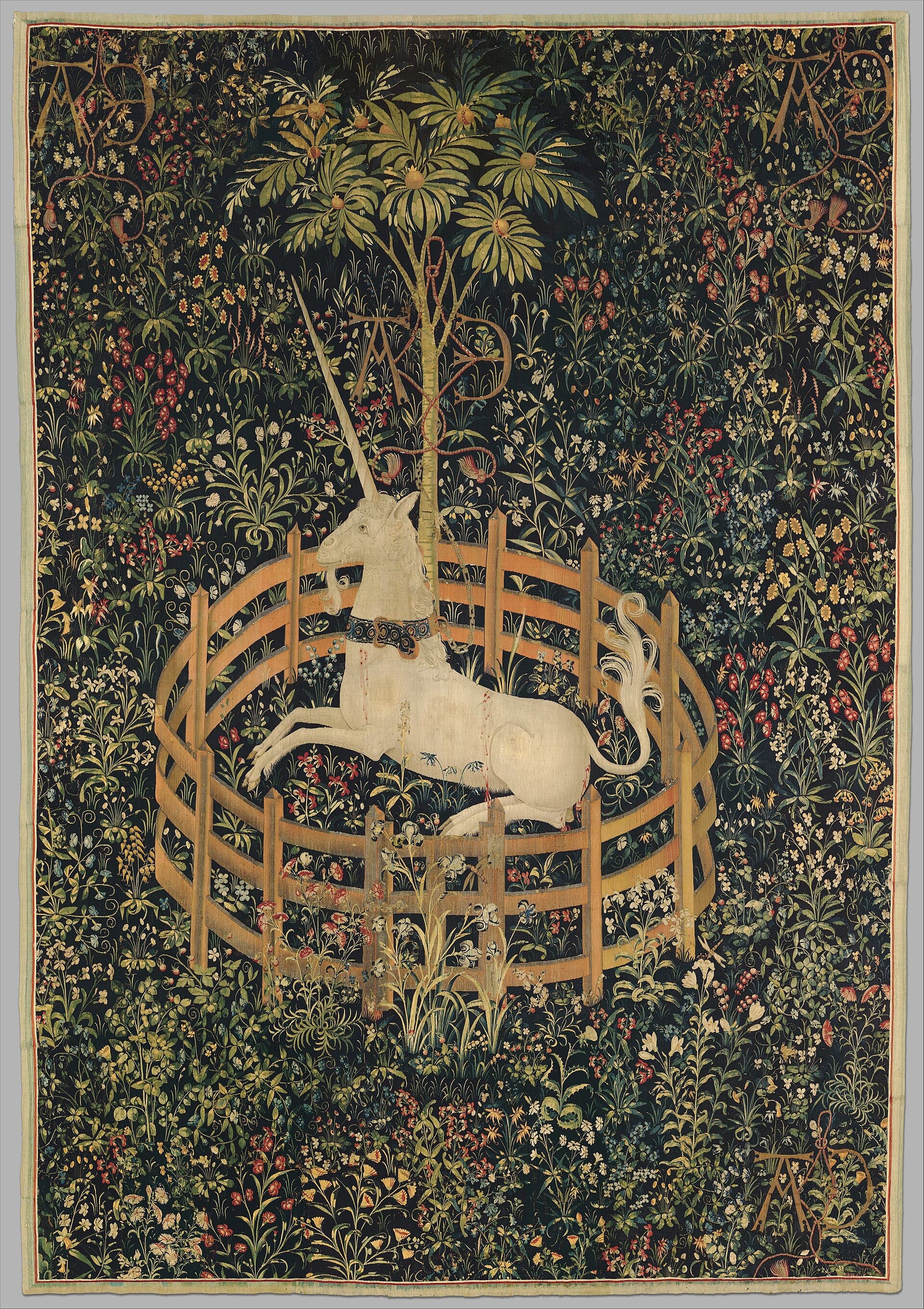 unicorn in captivity tapestry, courtesy of the met